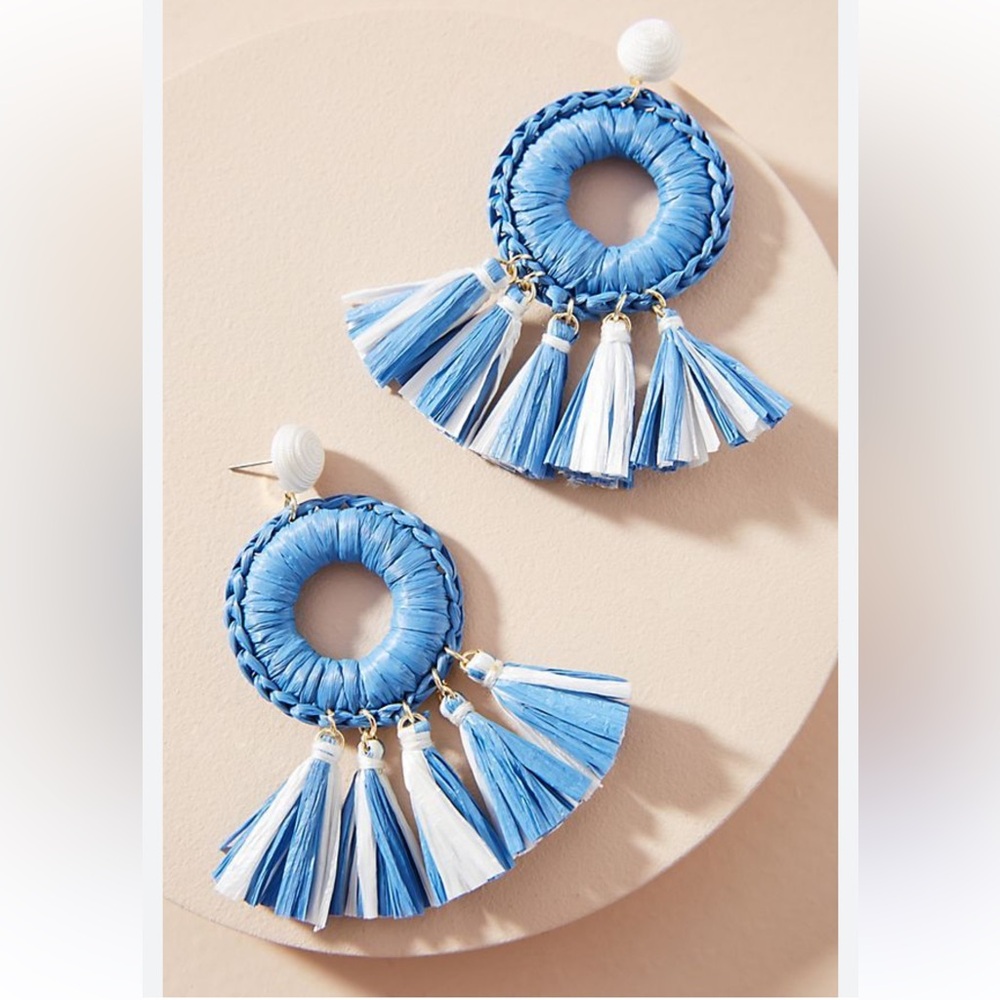 Anthropologie Blue and White Raffia Tassel Hoop Earrings